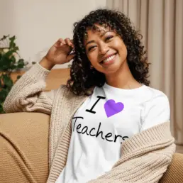 Woman wearing I love Teachers white t-shirt